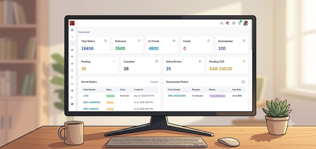 SayerX delivery operations dashboard showing orders, active drivers, and live delivery activity