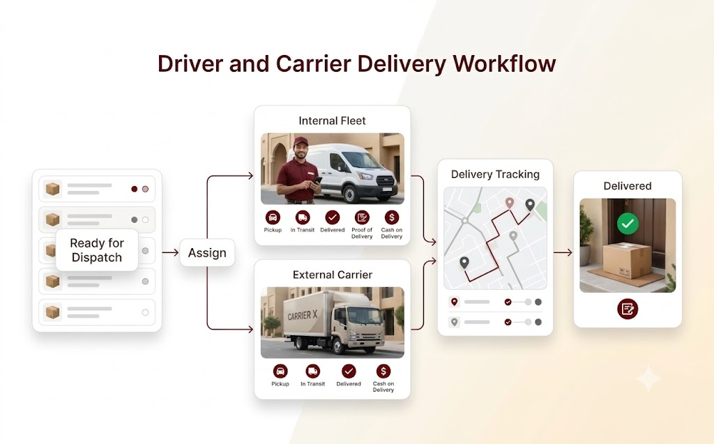 Driver and carrier delivery workflow diagram from dispatch to confirmed handover