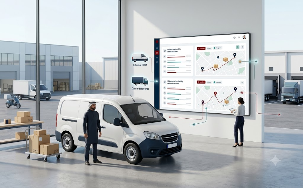 SayerX fleet and external carrier dispatch workflow with driver and delivery vehicles