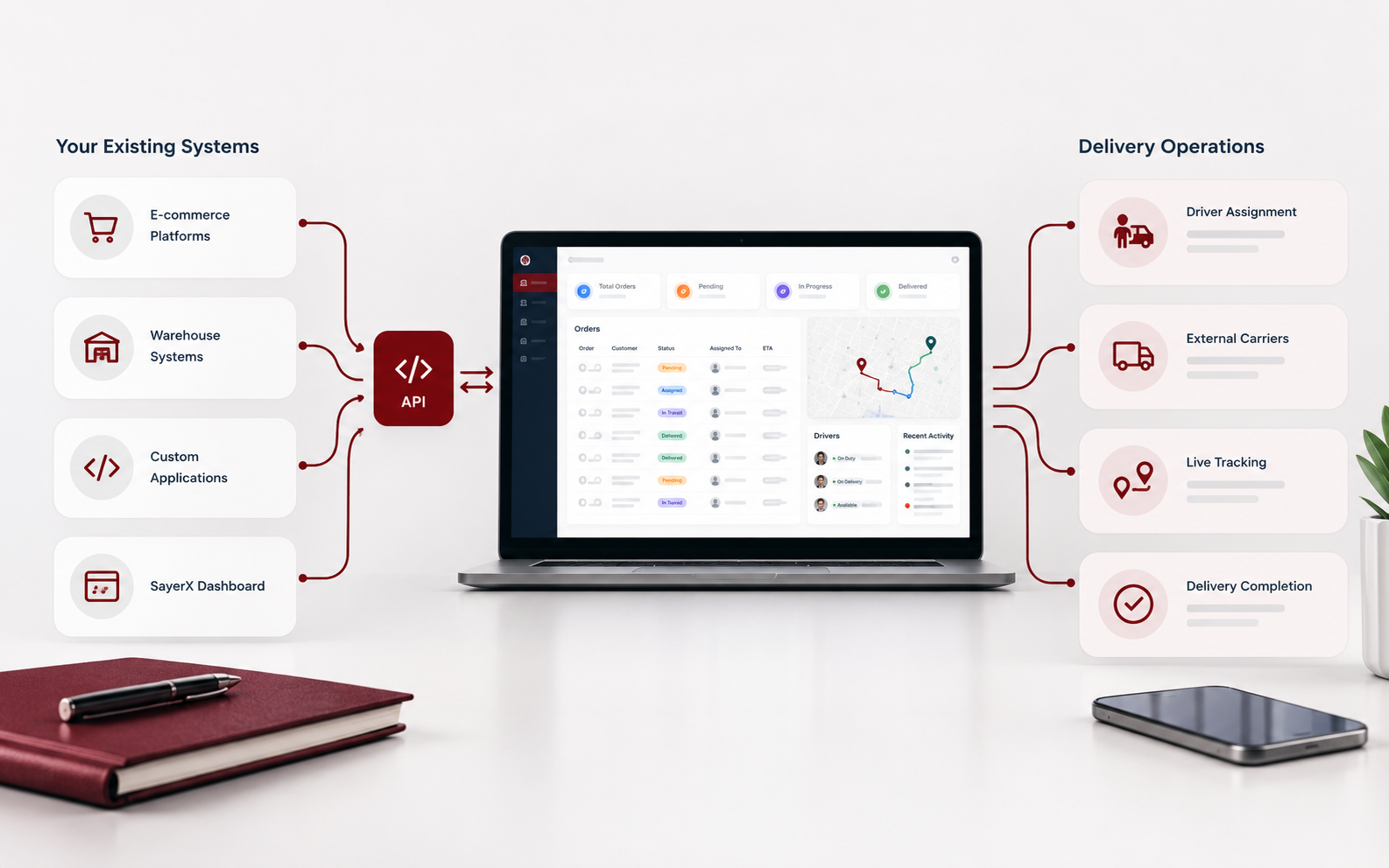 Connected systems and API integration workflow for SayerX order operations