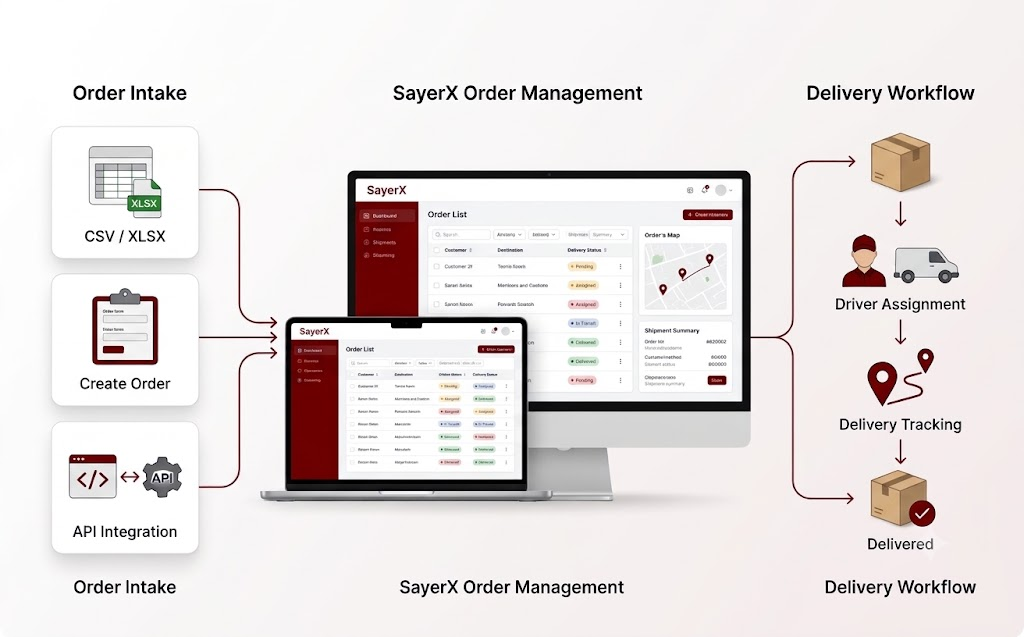 SayerX order intake and management workflow from intake to delivery assignment